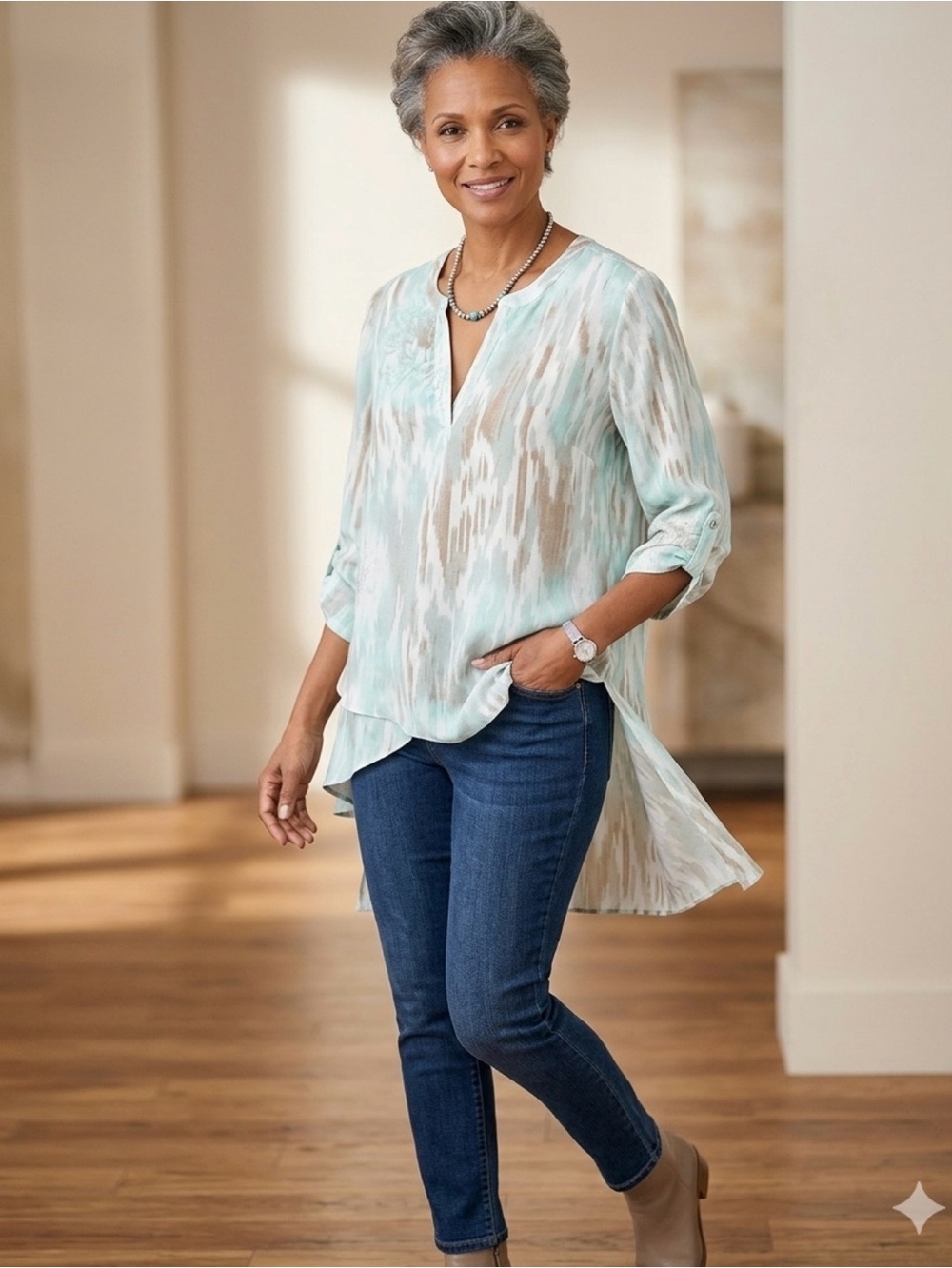 Chico's Mint and Beige Abstract V-Neck Tunic